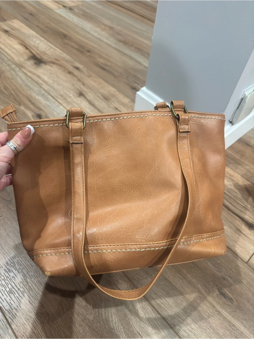 B.O.C Boho Vibe Casual Brown Stitched Vinyl Tote Bag